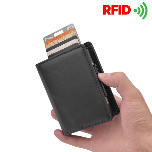 RFID Anti-Theft Short Wallet Automatic Pop-Up Aluminum Alloy Antimagnetic Card Holder(Black)
