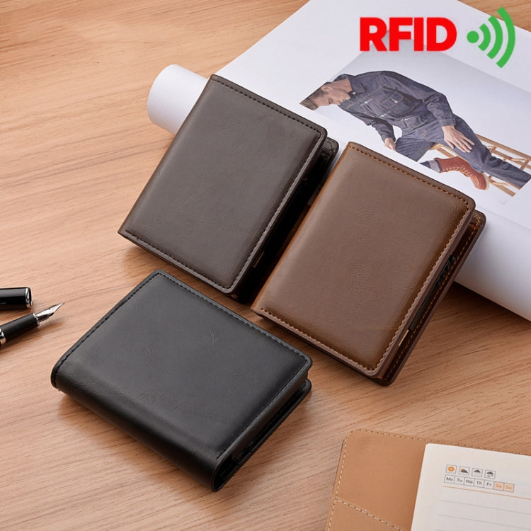 RFID Anti-Theft Short Wallet Automatic Pop-Up Aluminum Alloy Antimagnetic Card Holder(Brown)