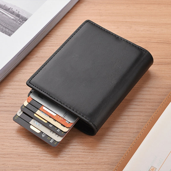 RFID Anti-Theft Short Wallet Automatic Pop-Up Aluminum Alloy Antimagnetic Card Holder(Dark Brown)
