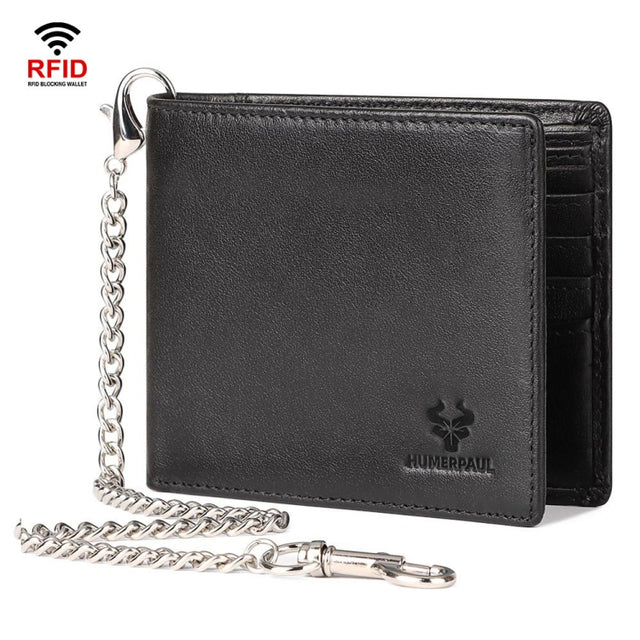 HUMERPAUL RFID Anti-Magnetic Men Pickup Card Bag Metal Chain Short Leather Wallet, Color: Black