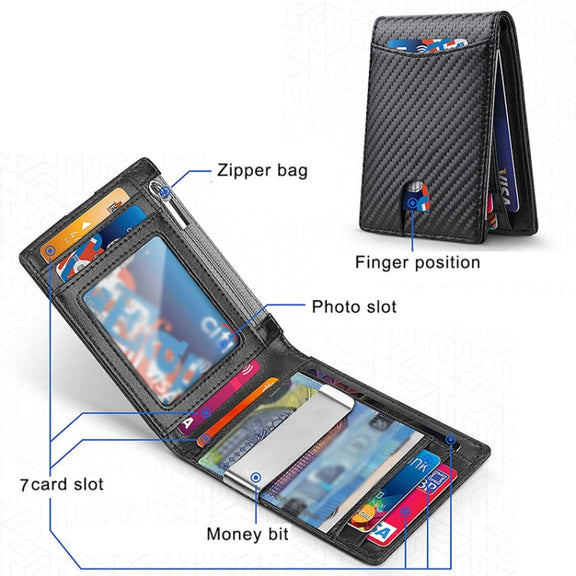 RFID Anti-Theft Brush Men Vintage Leather Wallet Card Case(Carbon Fiber+Black Inside)
