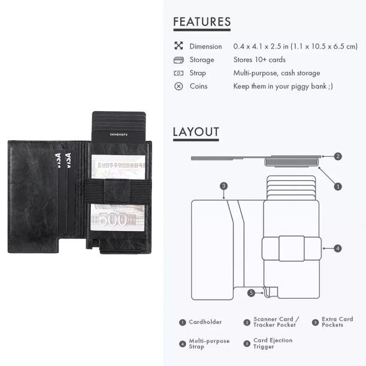 Pop-up Leather Metal Card Holder RFID Bifold Wallet(Black)