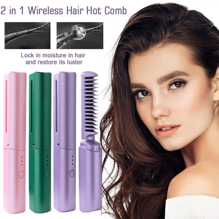 2 In 1 Portable USB Rechargeable Hair Curler Dual Usage Hair Straightening Comb(Pink)