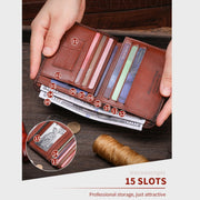 Bull Captain Men Wallet First-layer Cowhide Coin Clip RFID Retro Vertical ID Holder(Coffee)