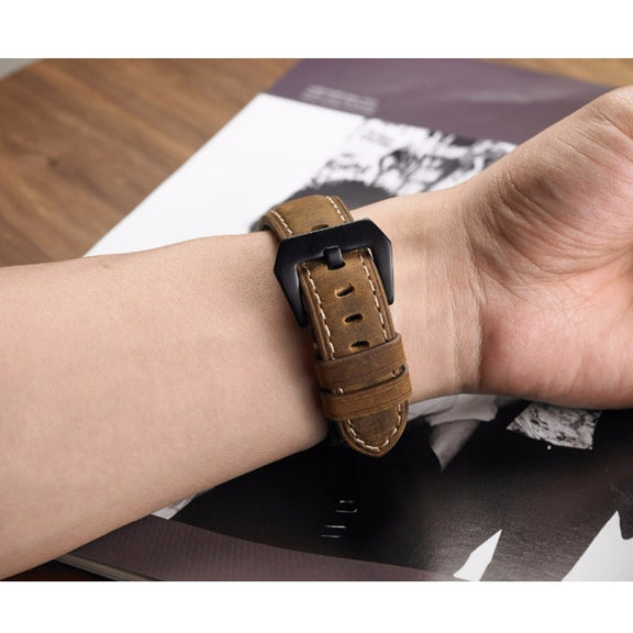 Crazy Horse Layer Frosted Black Buckle Watch Leather Watch Band, Size: 24mm (Light Brown)