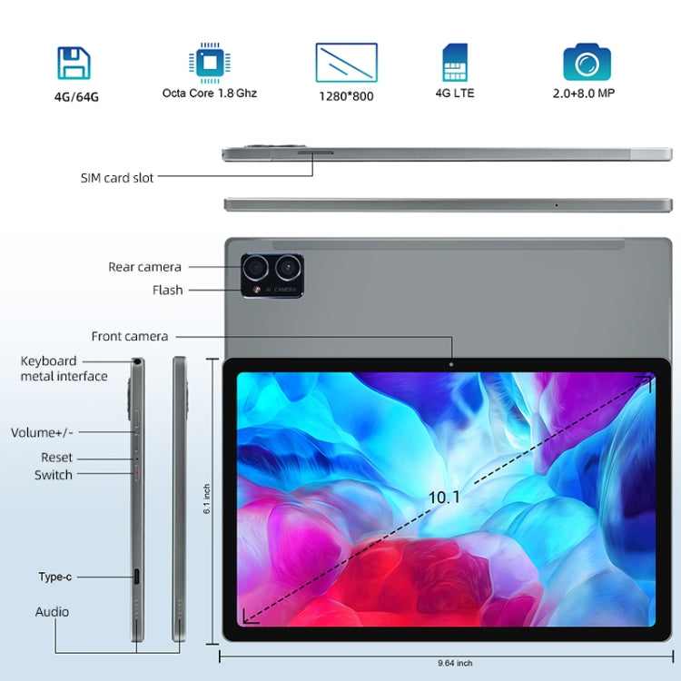 G16 4G Phone Call Tablet PC, 10.1 inch, 4GB+64GB, Android 8.0 MTK6750 Octa Core 1.8GHz, Dual SIM, Support GPS, OTG, WiFi, BT (Grey)